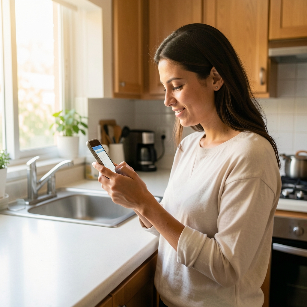 Mujer argentina adulta usando una aplicación de trámites en su teléfono en una cocina luminosa