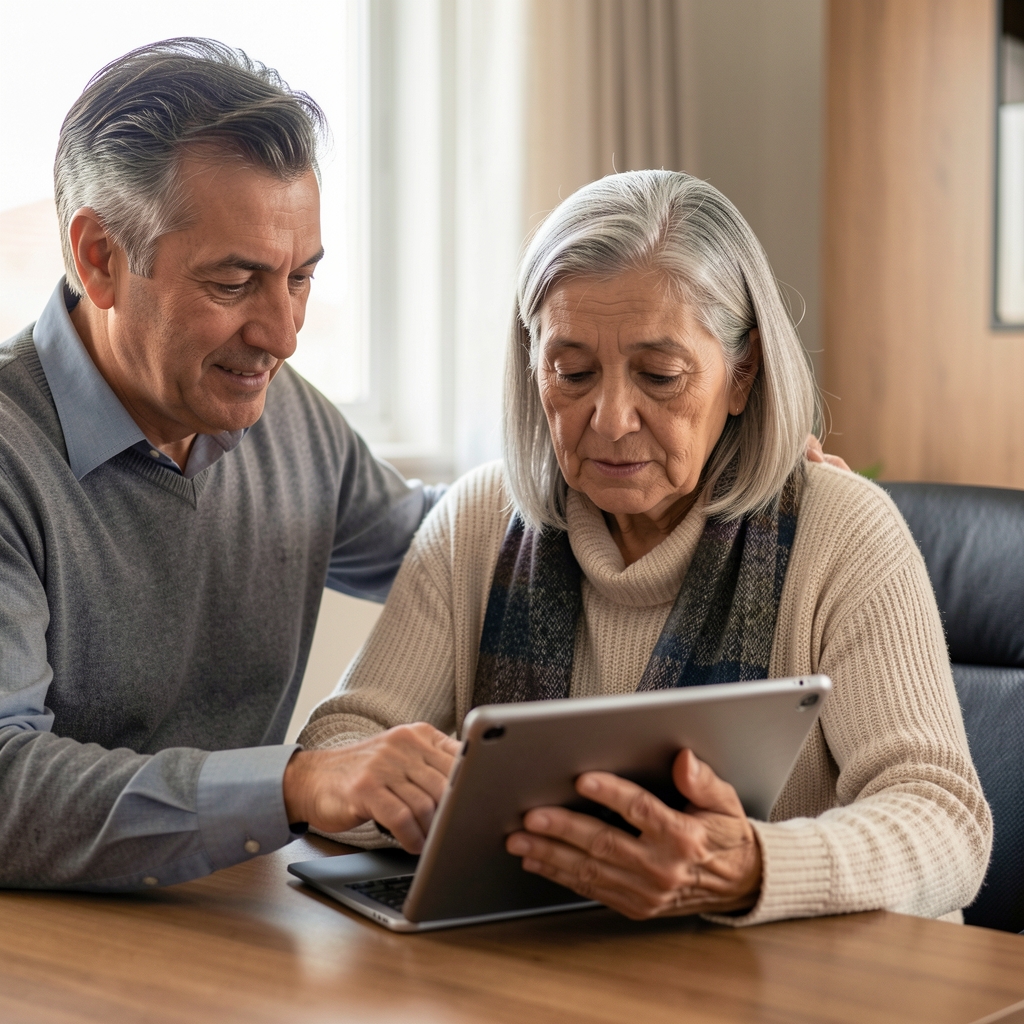 Mujer mayor argentina aprendiendo a usar una tablet con la ayuda de un familiar