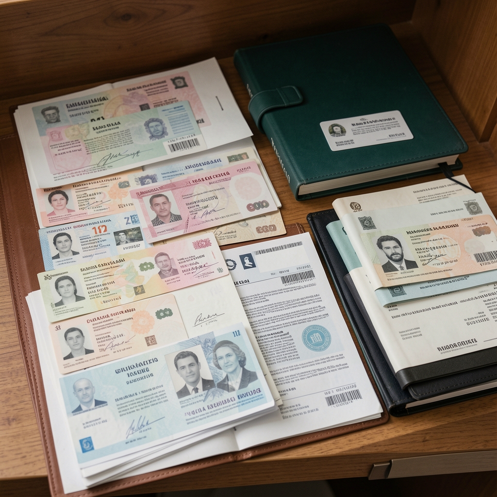 Archivo doméstico con documentos de identidad argentinos, recibos y carpetas cuidadosamente ordenadas