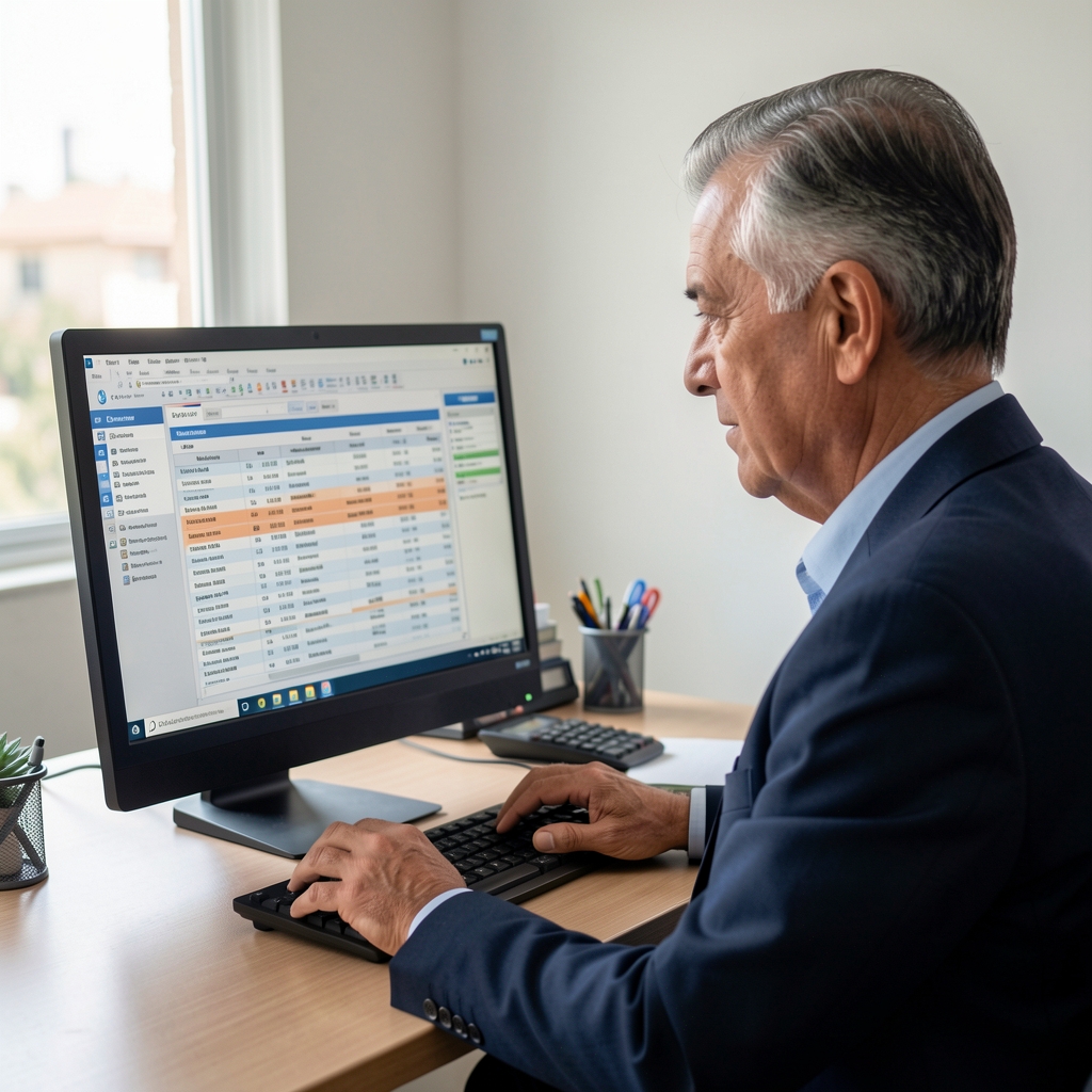 Persona mayor argentina mirando una computadora con información de un expediente previsional