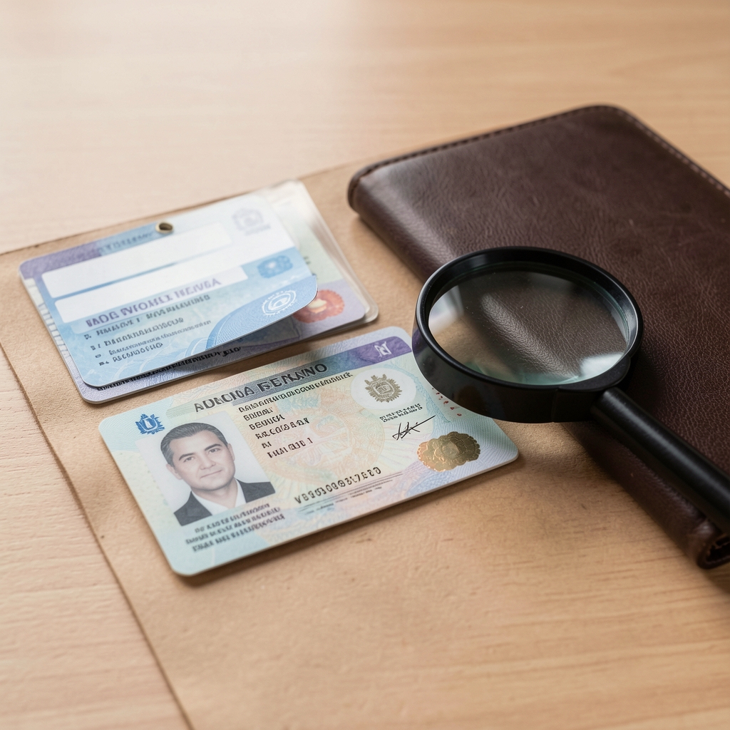 Documento de identidad argentino junto a una lupa y una carpeta de trámites