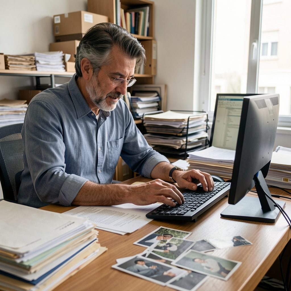 Equipo editorial argentino revisando archivos, recortes y una computadora en una mesa de trabajo