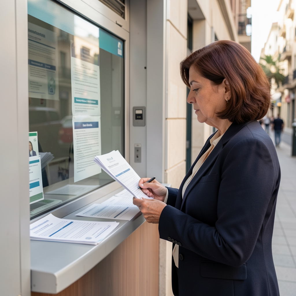 Mujer argentina mayor revisando formularios junto a una ventanilla de atención pública