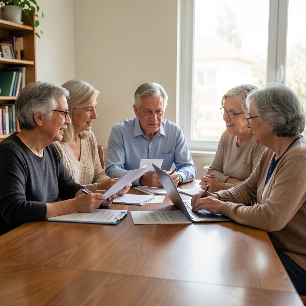 Tres generaciones de una familia argentina conversando sobre documentos y tecnología en una mesa