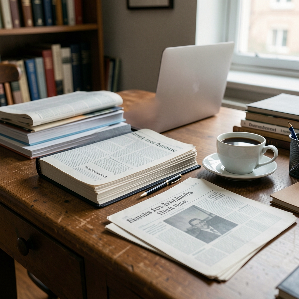 Cuadernos, recortes de prensa y café en la mesa de una redacción de Buenos Aires