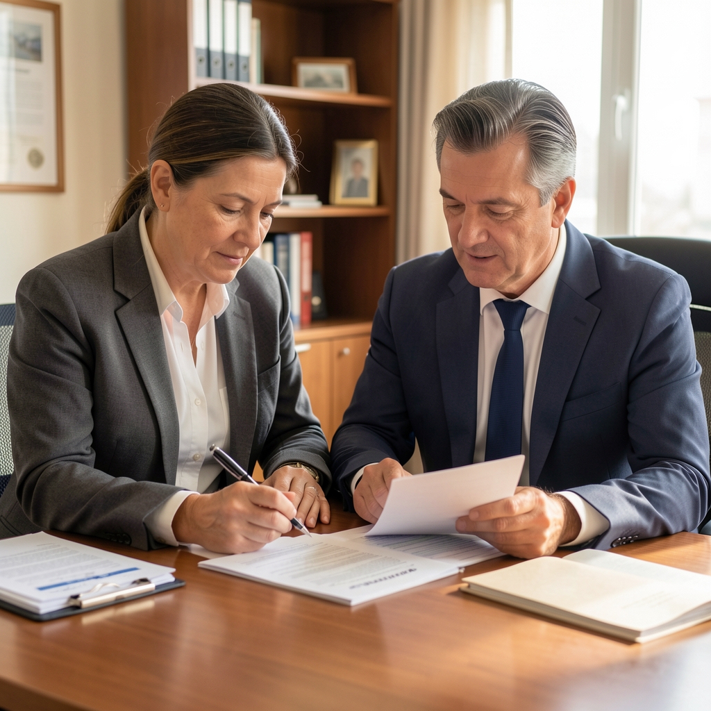 Pareja mayor argentina revisando documentación previsional en una mesa iluminada
