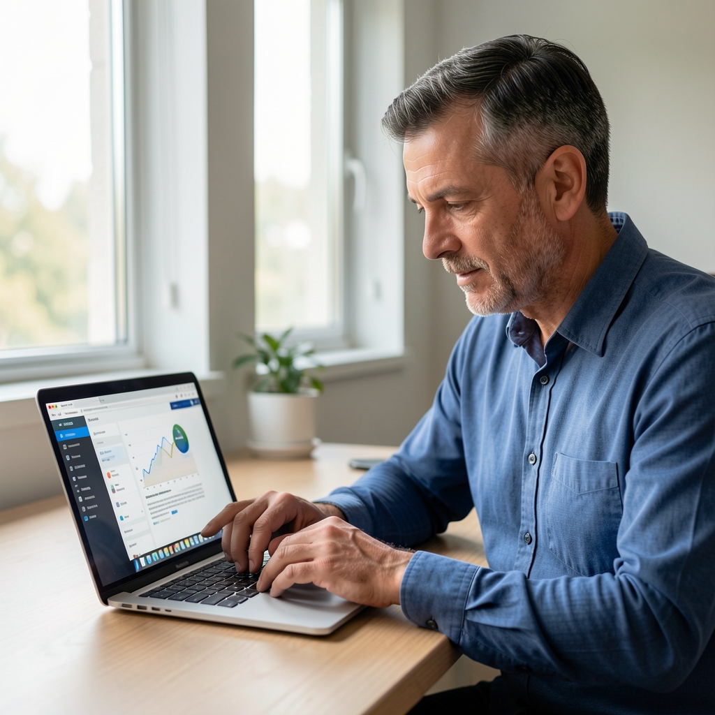 Hombre argentino de mediana edad revisando pasos de una gestión online en una notebook