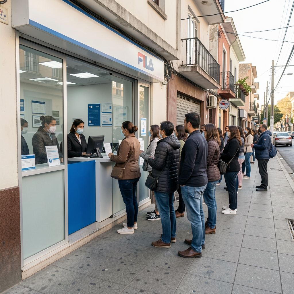 Fila ordenada de personas argentinas esperando atención en una sucursal bancaria de barrio